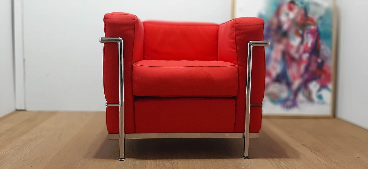 LC 2 armchair in red cotton by Le Corbusier, P. Jeanneret, C. Perriand for Alivar, 1980s 13
