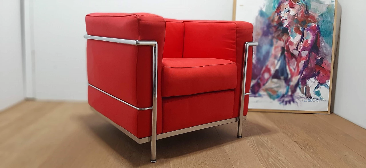 LC 2 armchair in red cotton by Le Corbusier, P. Jeanneret, C. Perriand for Alivar, 1980s 32