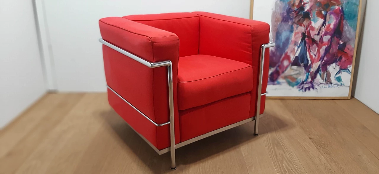 LC 2 armchair in red cotton by Le Corbusier, P. Jeanneret, C. Perriand for Alivar, 1980s 33
