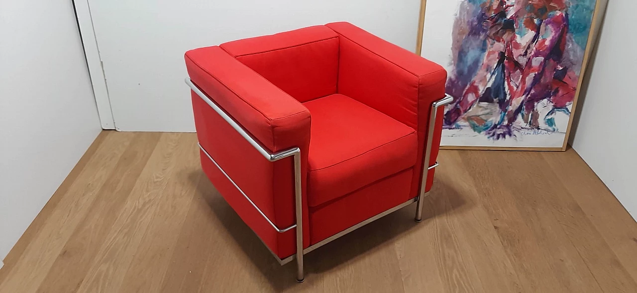 LC 2 armchair in red cotton by Le Corbusier, P. Jeanneret, C. Perriand for Alivar, 1980s 34