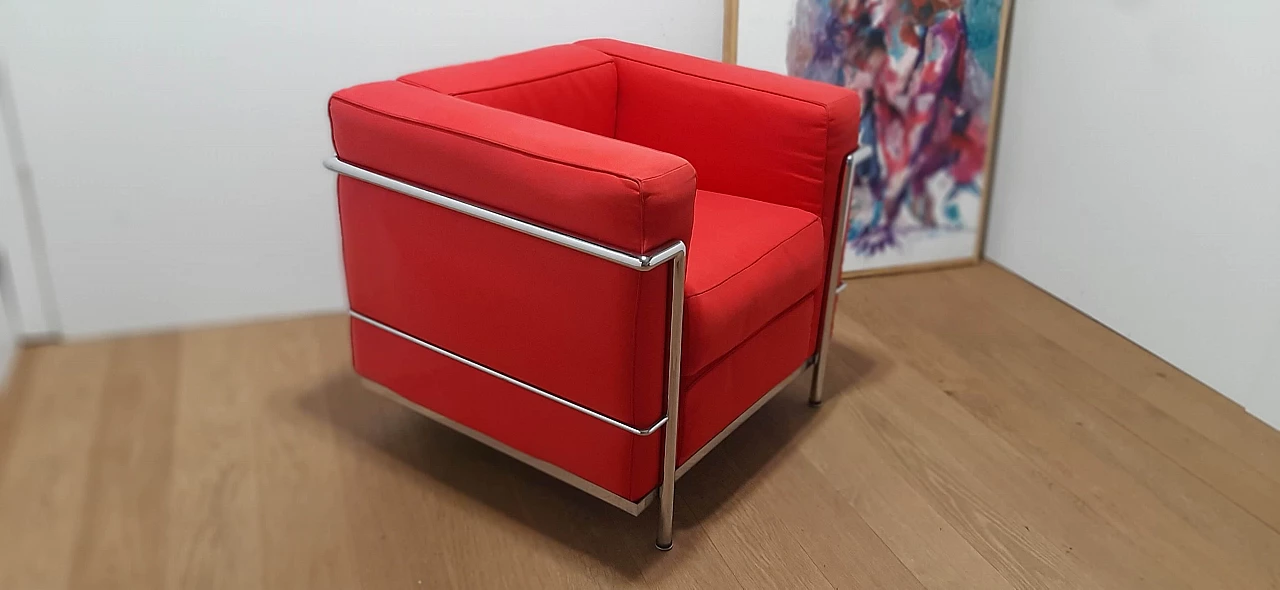 LC 2 armchair in red cotton by Le Corbusier, P. Jeanneret, C. Perriand for Alivar, 1980s 35