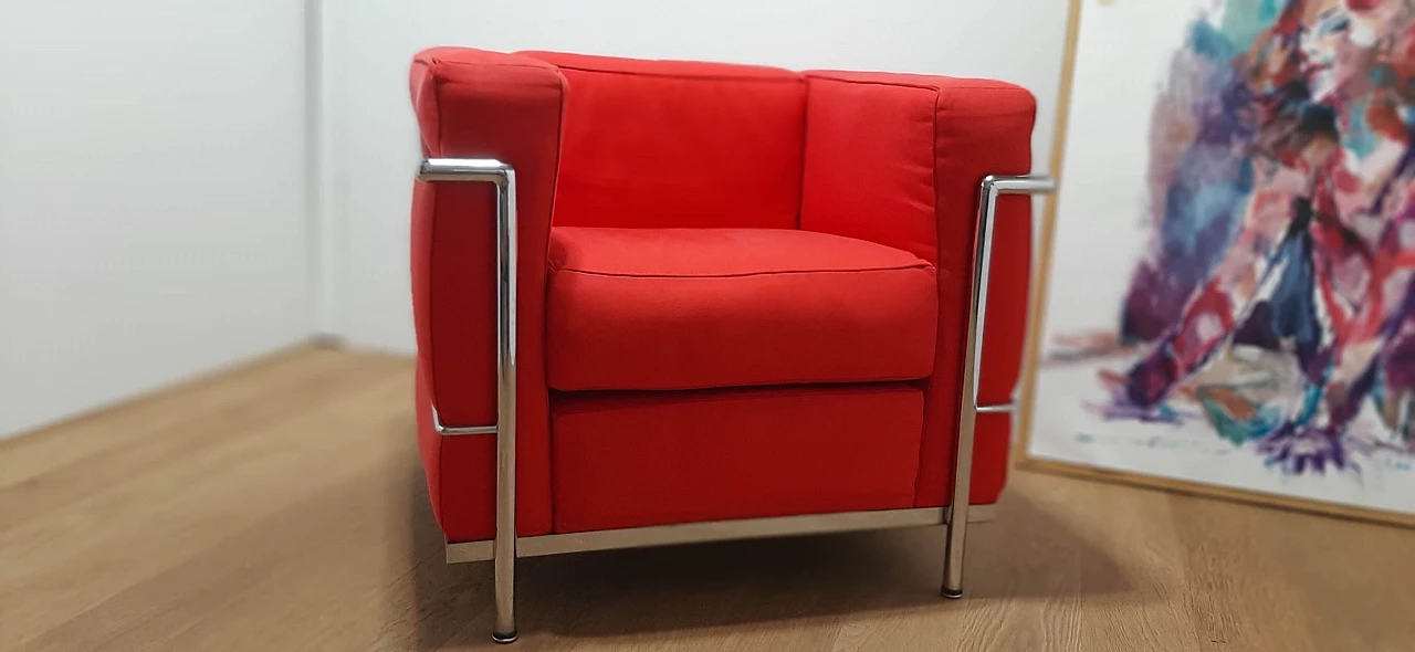 LC 2 armchair in red cotton by Le Corbusier, P. Jeanneret, C. Perriand for Alivar, 1980s 36