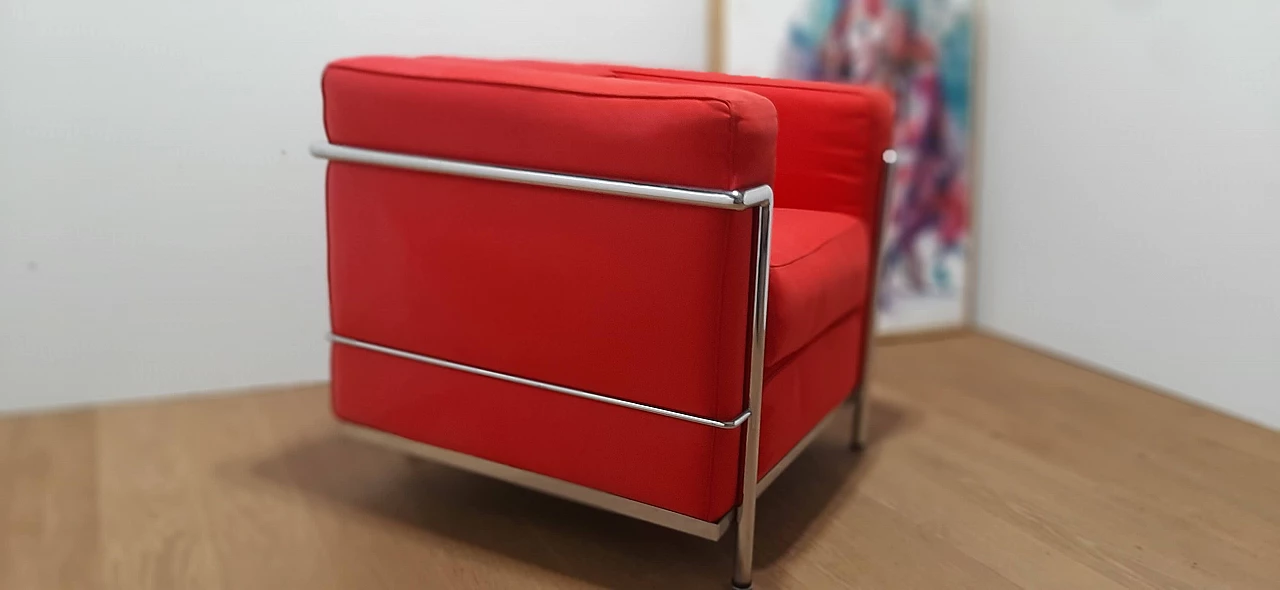 LC 2 armchair in red cotton by Le Corbusier, P. Jeanneret, C. Perriand for Alivar, 1980s 49
