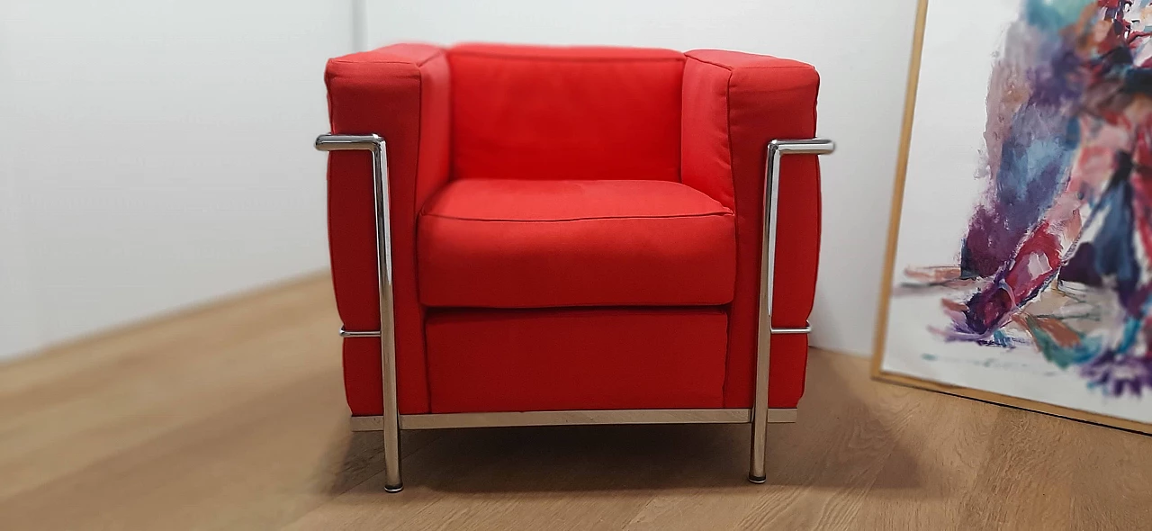 LC 2 armchair in red cotton by Le Corbusier, P. Jeanneret, C. Perriand for Alivar, 1980s 51