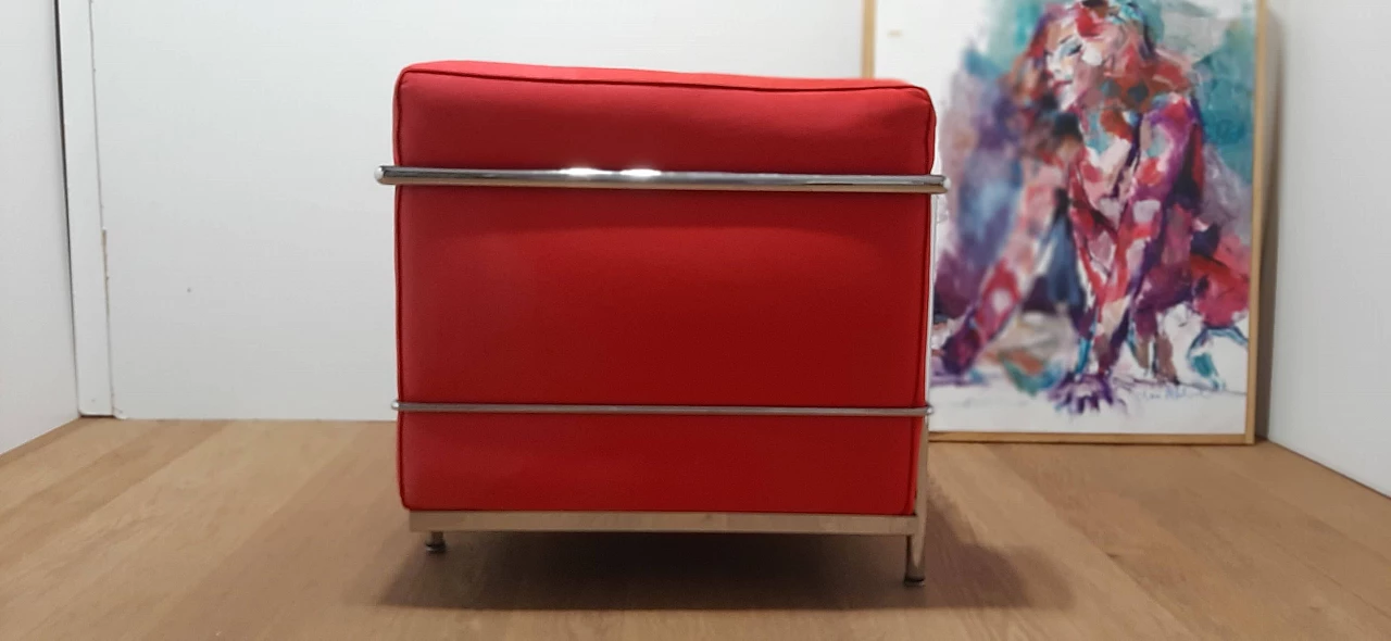 LC 2 armchair in red cotton by Le Corbusier, P. Jeanneret, C. Perriand for Alivar, 1980s 53