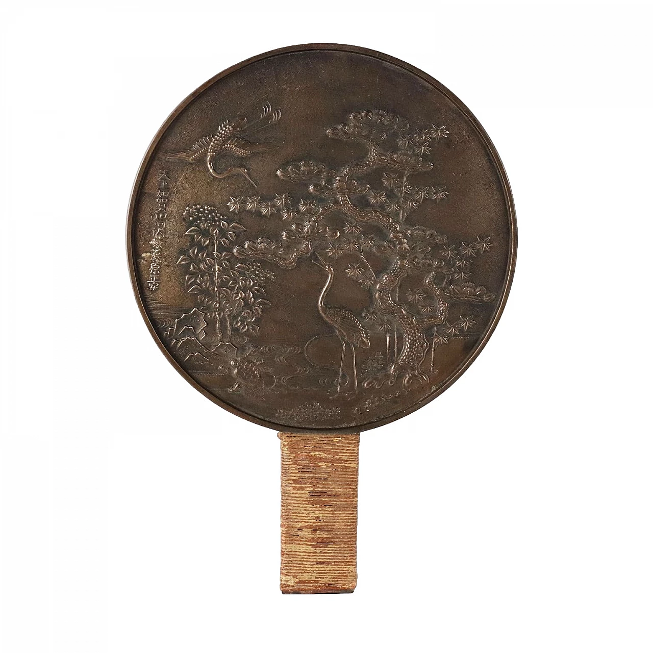 Specchio Meiji  in bronzo con manico in corda, fine '800 1