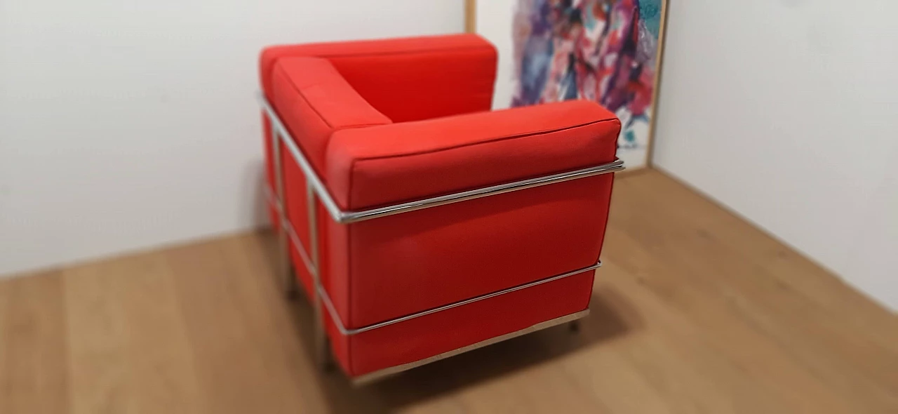 LC 2 armchair in red cotton by Le Corbusier, P. Jeanneret, C. Perriand for Alivar, 1980s 56