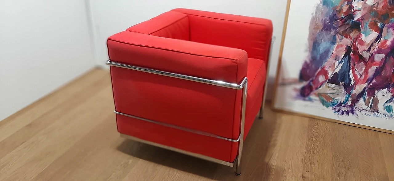 LC 2 armchair in red cotton by Le Corbusier, P. Jeanneret, C. Perriand for Alivar, 1980s 57