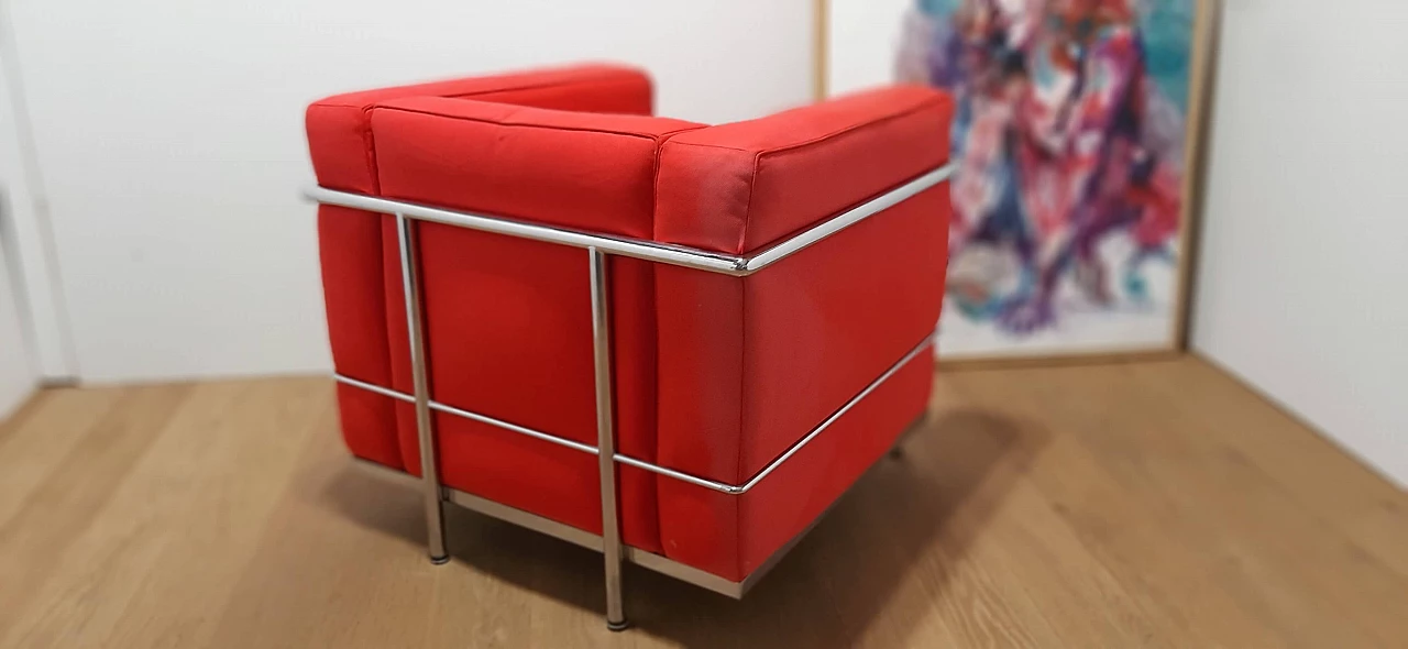 LC 2 armchair in red cotton by Le Corbusier, P. Jeanneret, C. Perriand for Alivar, 1980s 80