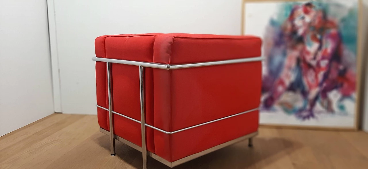 LC 2 armchair in red cotton by Le Corbusier, P. Jeanneret, C. Perriand for Alivar, 1980s 82