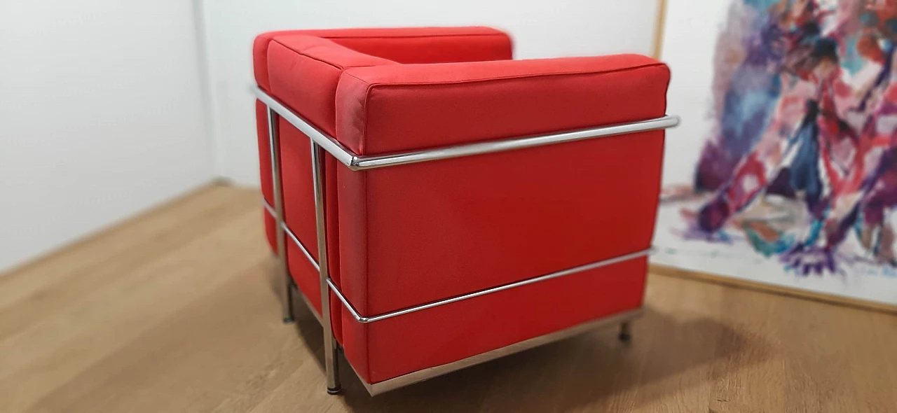 LC 2 armchair in red cotton by Le Corbusier, P. Jeanneret, C. Perriand for Alivar, 1980s 86