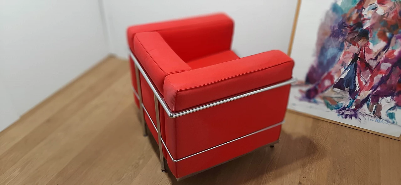 LC 2 armchair in red cotton by Le Corbusier, P. Jeanneret, C. Perriand for Alivar, 1980s 87