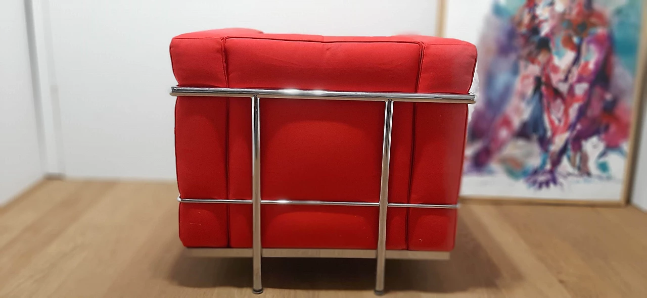 LC 2 armchair in red cotton by Le Corbusier, P. Jeanneret, C. Perriand for Alivar, 1980s 94