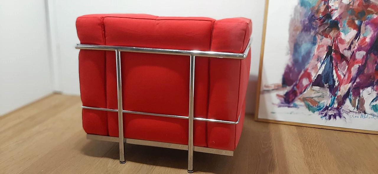 LC 2 armchair in red cotton by Le Corbusier, P. Jeanneret, C. Perriand for Alivar, 1980s 98