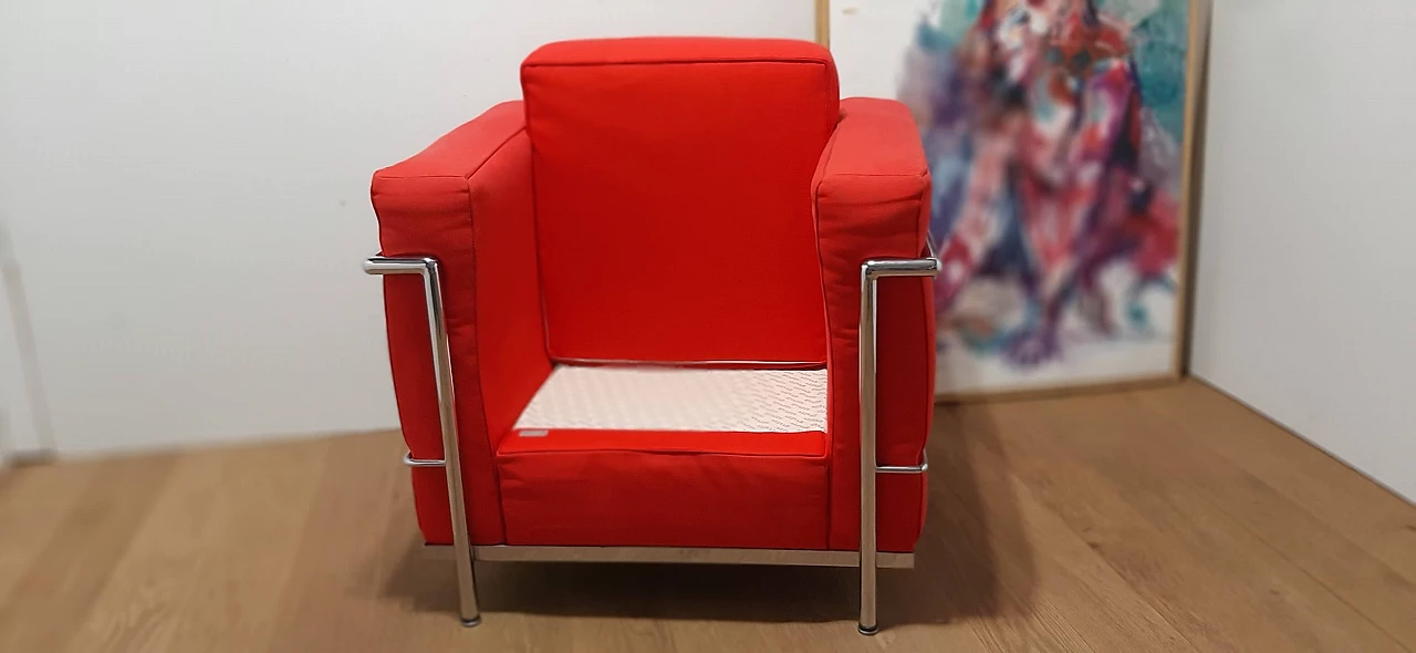 LC 2 armchair in red cotton by Le Corbusier, P. Jeanneret, C. Perriand for Alivar, 1980s 105