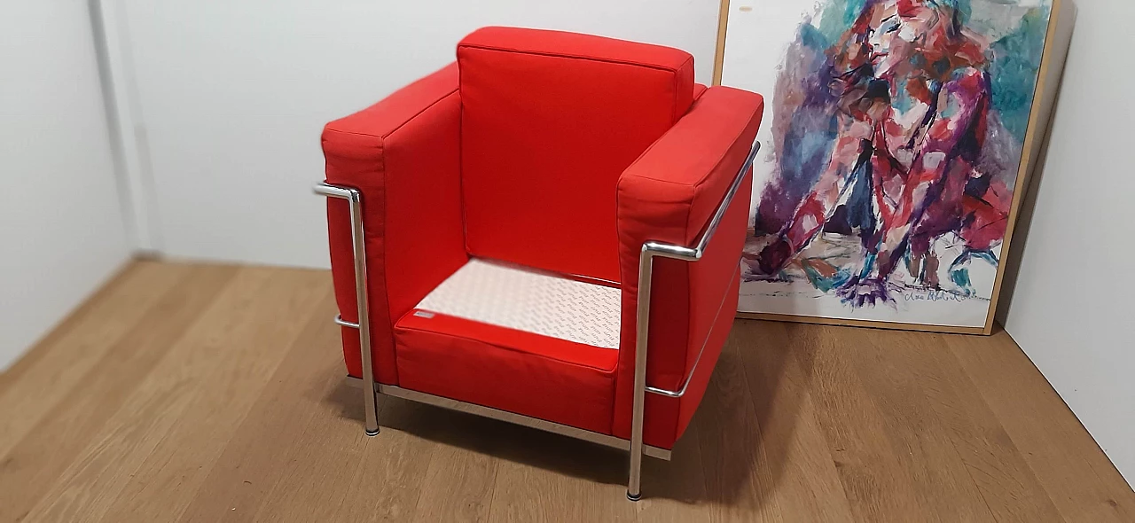 LC 2 armchair in red cotton by Le Corbusier, P. Jeanneret, C. Perriand for Alivar, 1980s 106