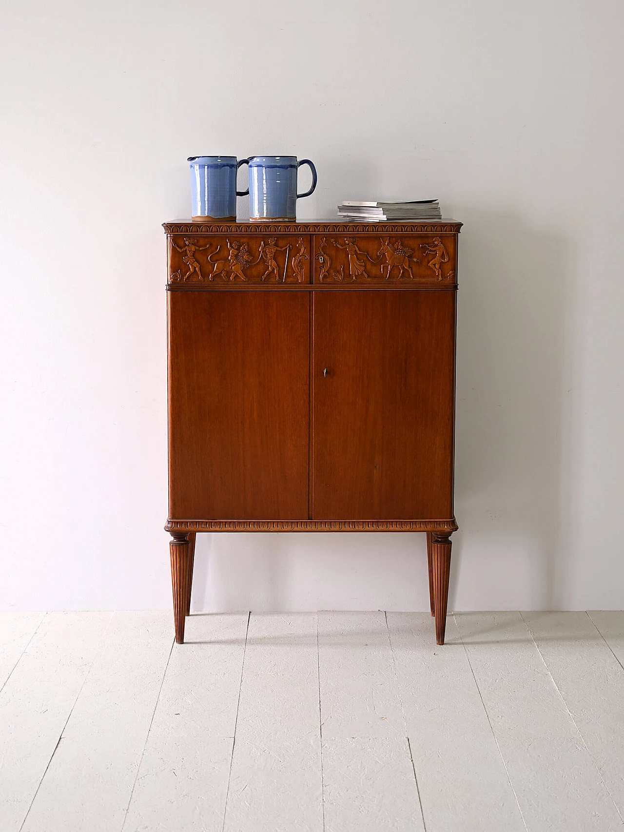 Scandinavian Art Deco cabinet with carved wooden bas-reliefs, 1940s 1