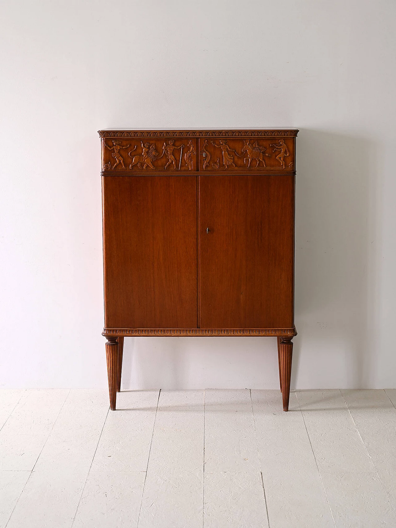 Scandinavian Art Deco cabinet with carved wooden bas-reliefs, 1940s 2