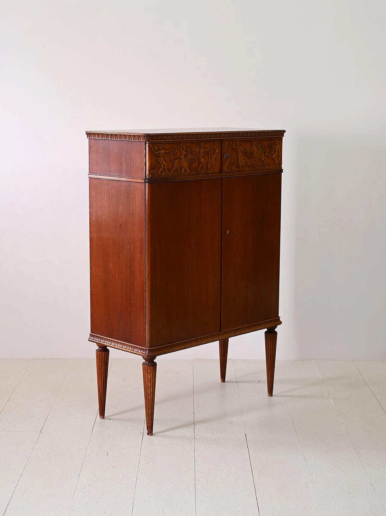 Scandinavian Art Deco cabinet with carved wooden bas-reliefs, 1940s 4
