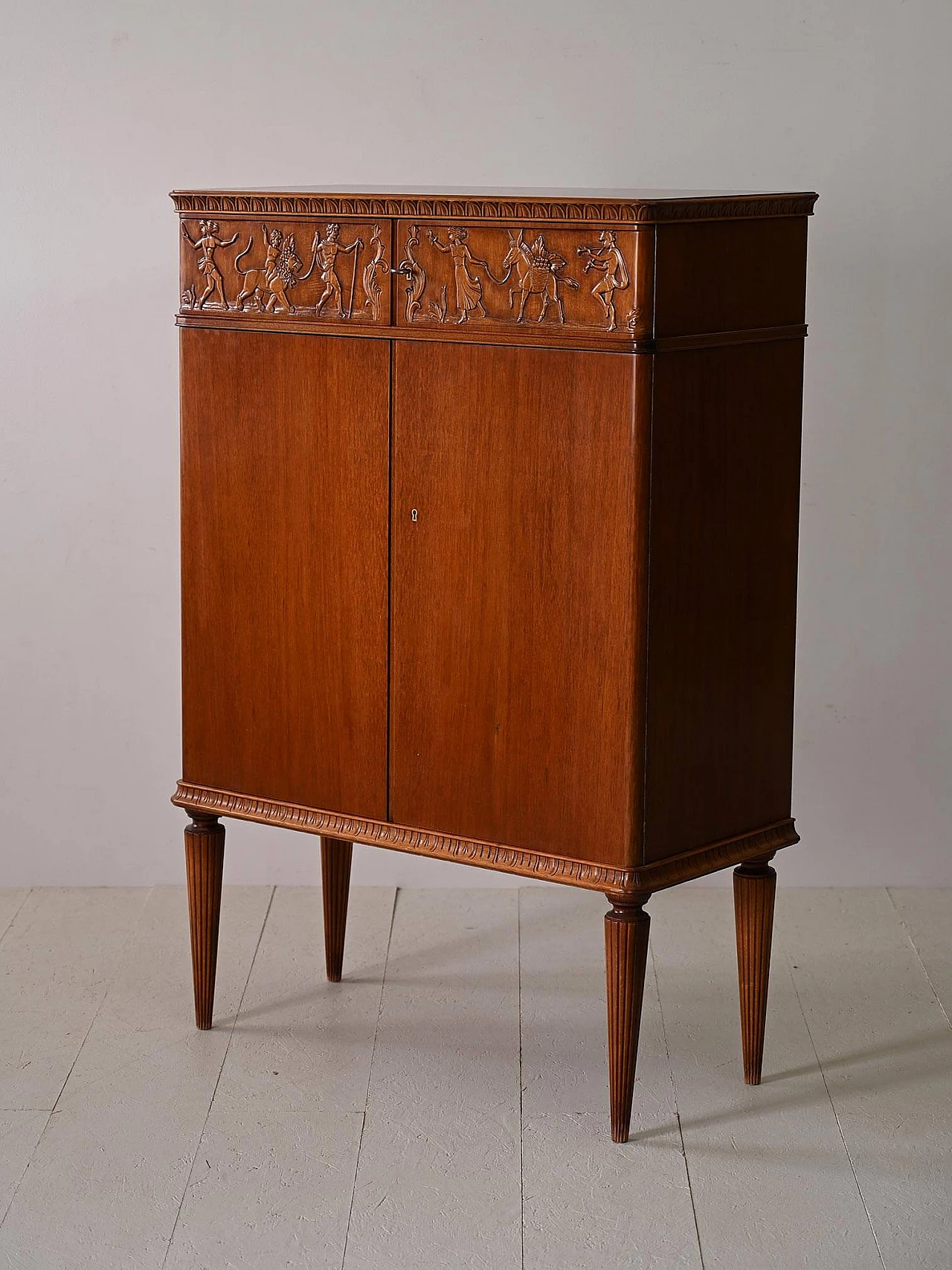 Scandinavian Art Deco cabinet with carved wooden bas-reliefs, 1940s 5