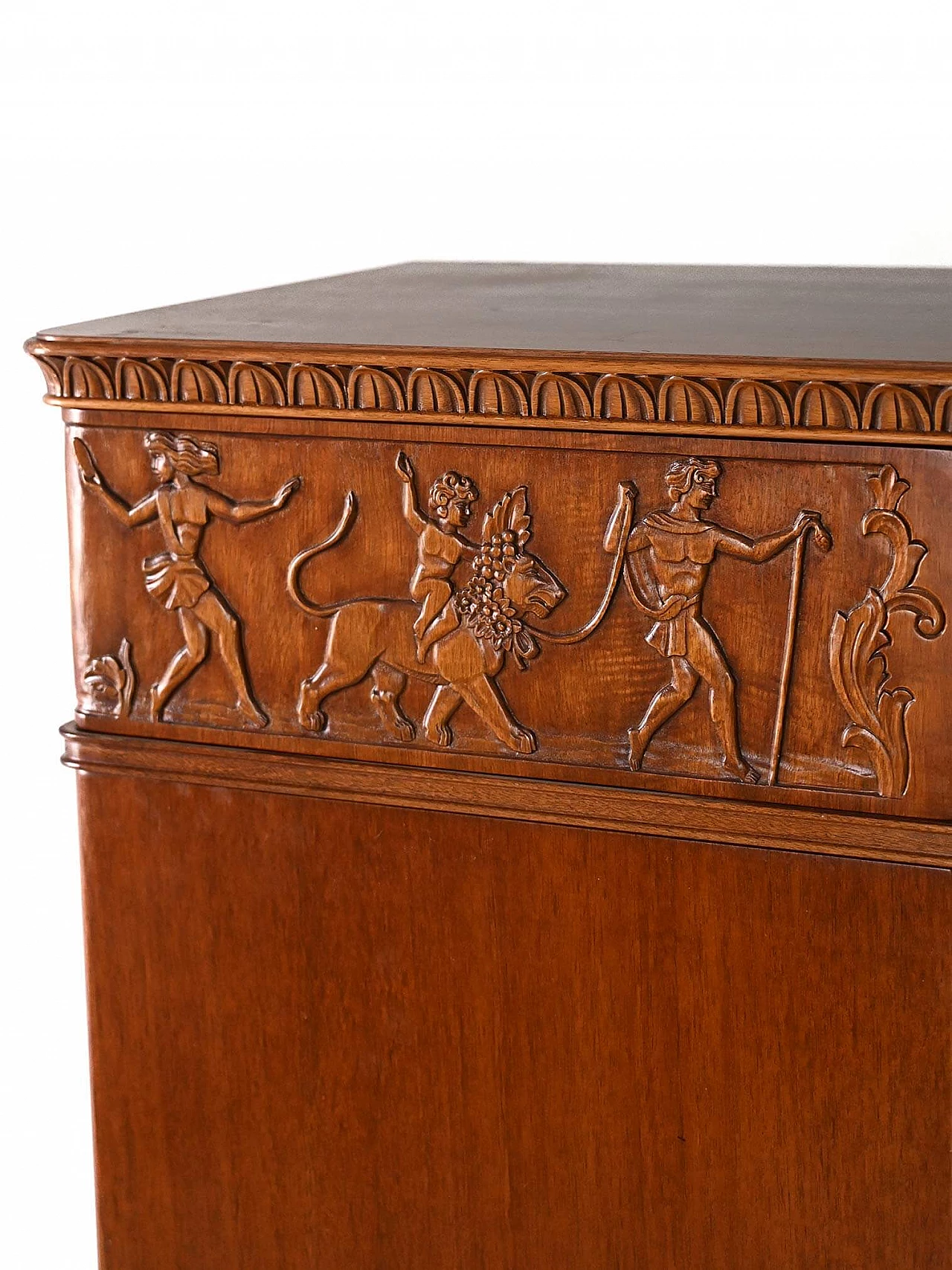 Scandinavian Art Deco cabinet with carved wooden bas-reliefs, 1940s 8