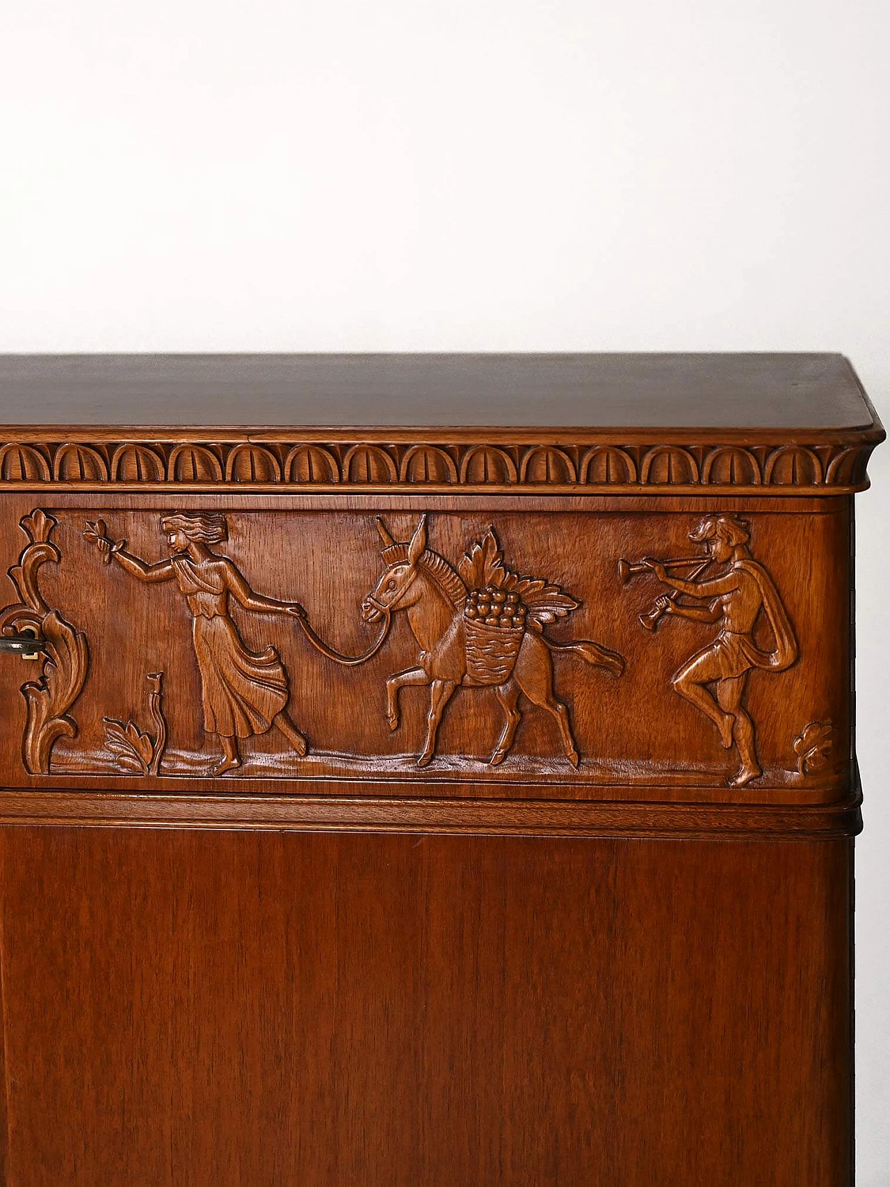 Scandinavian Art Deco cabinet with carved wooden bas-reliefs, 1940s 9
