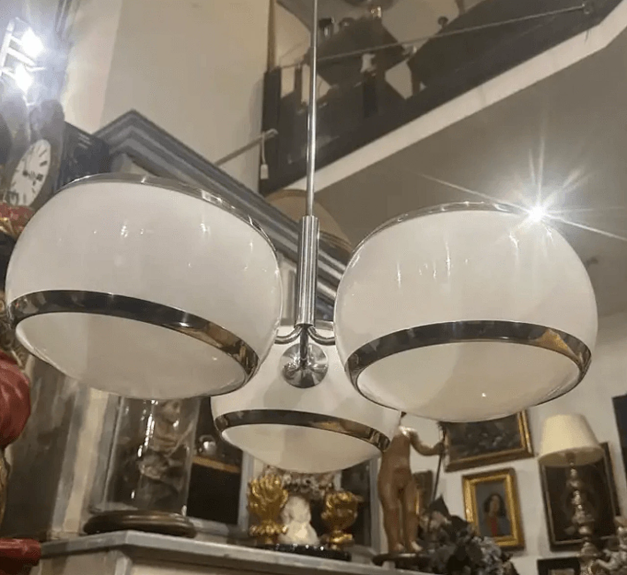 Chromed metal and white plastic chandelier by Stilux Milano, 1960s 3