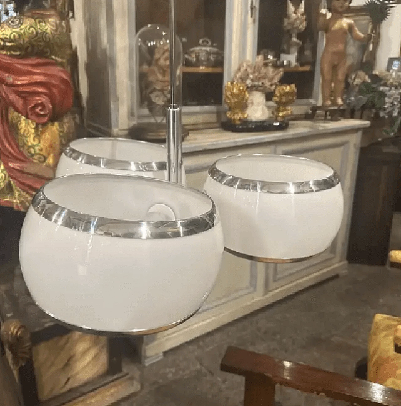 Chromed metal and white plastic chandelier by Stilux Milano, 1960s 4