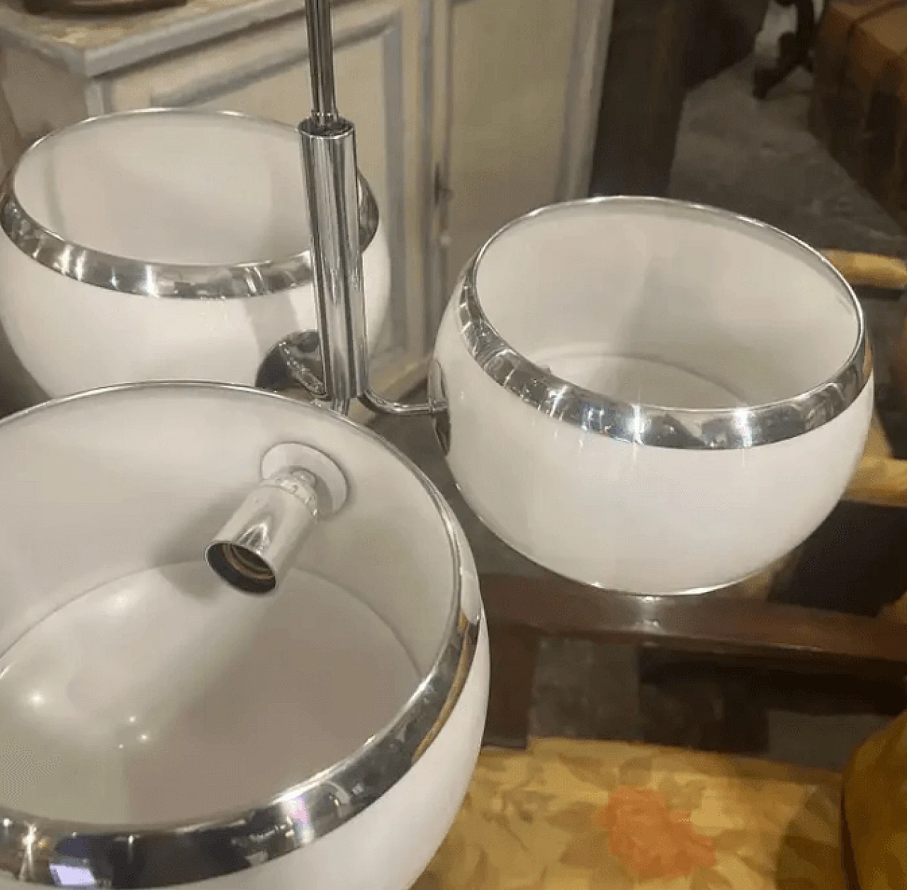 Chromed metal and white plastic chandelier by Stilux Milano, 1960s 7