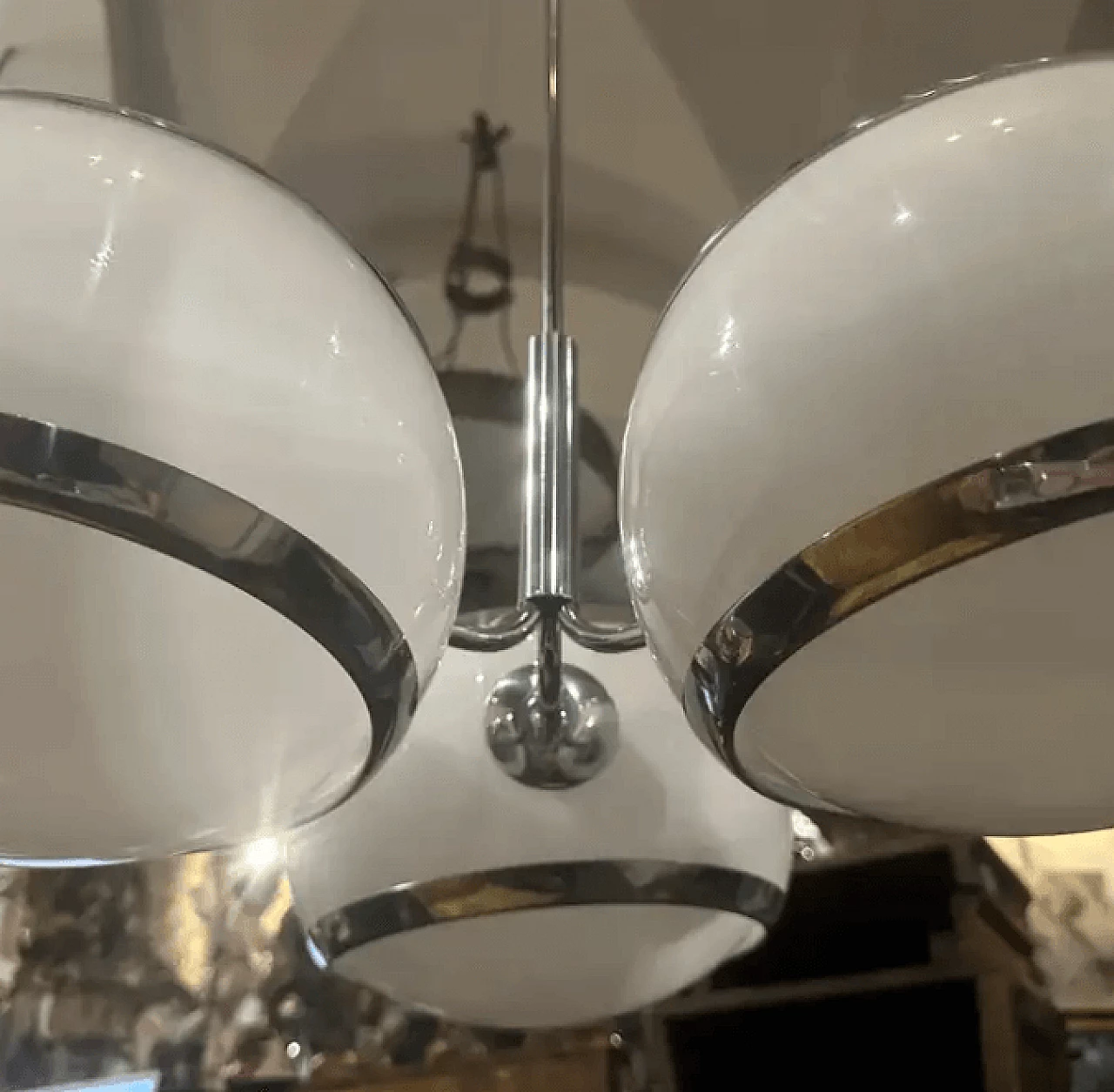 Chromed metal and white plastic chandelier by Stilux Milano, 1960s 12