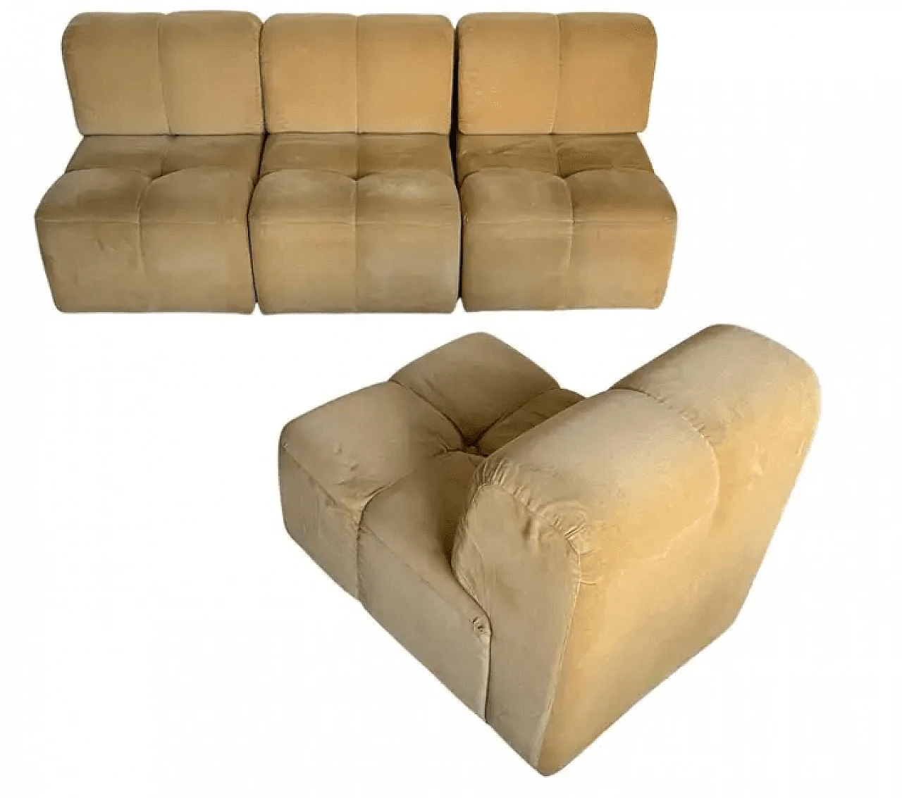 4-piece modular sofa in sand-coloured velvet, 1970s 1