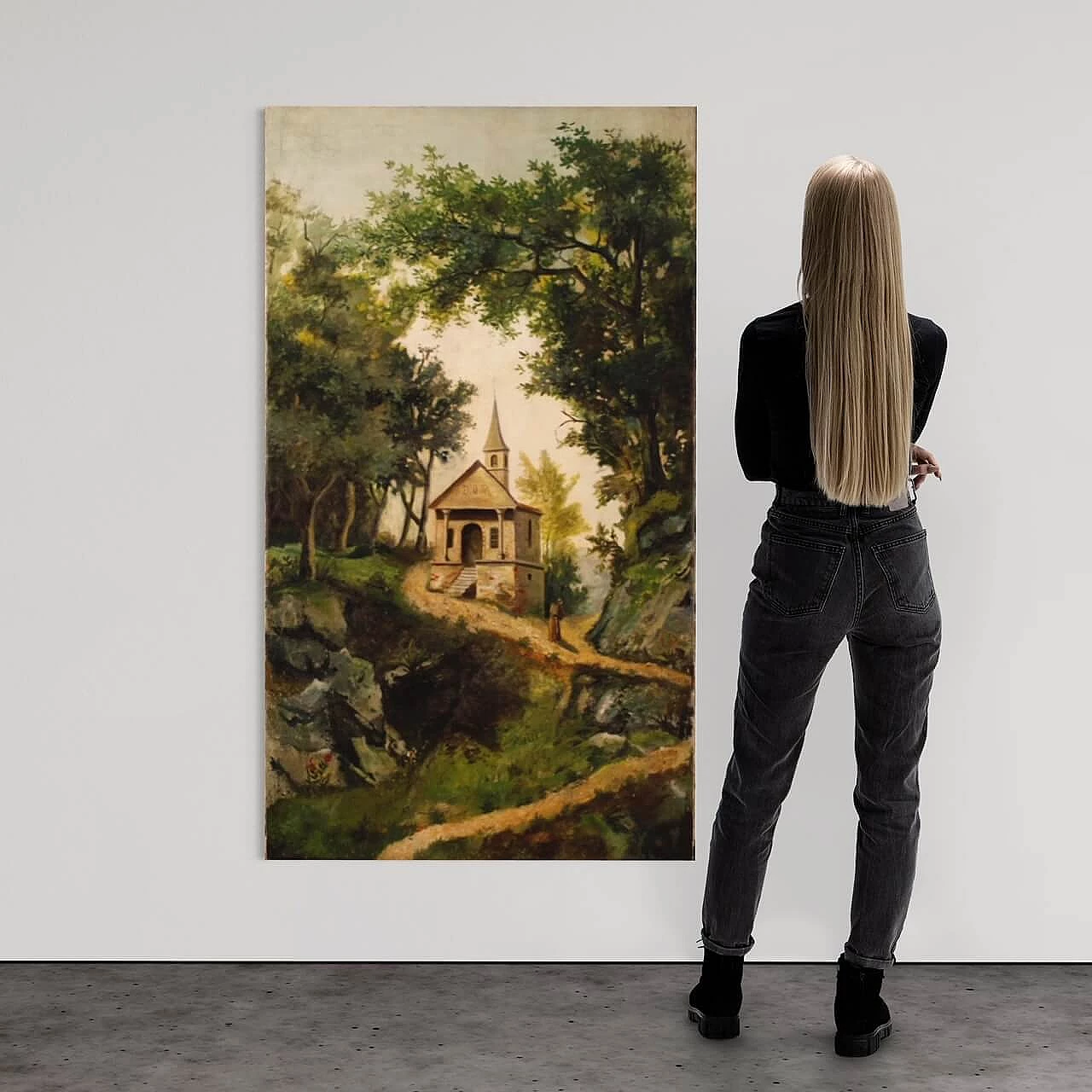 Landscape with church and friar, oil painting on canvas, second half of the 19th century 14