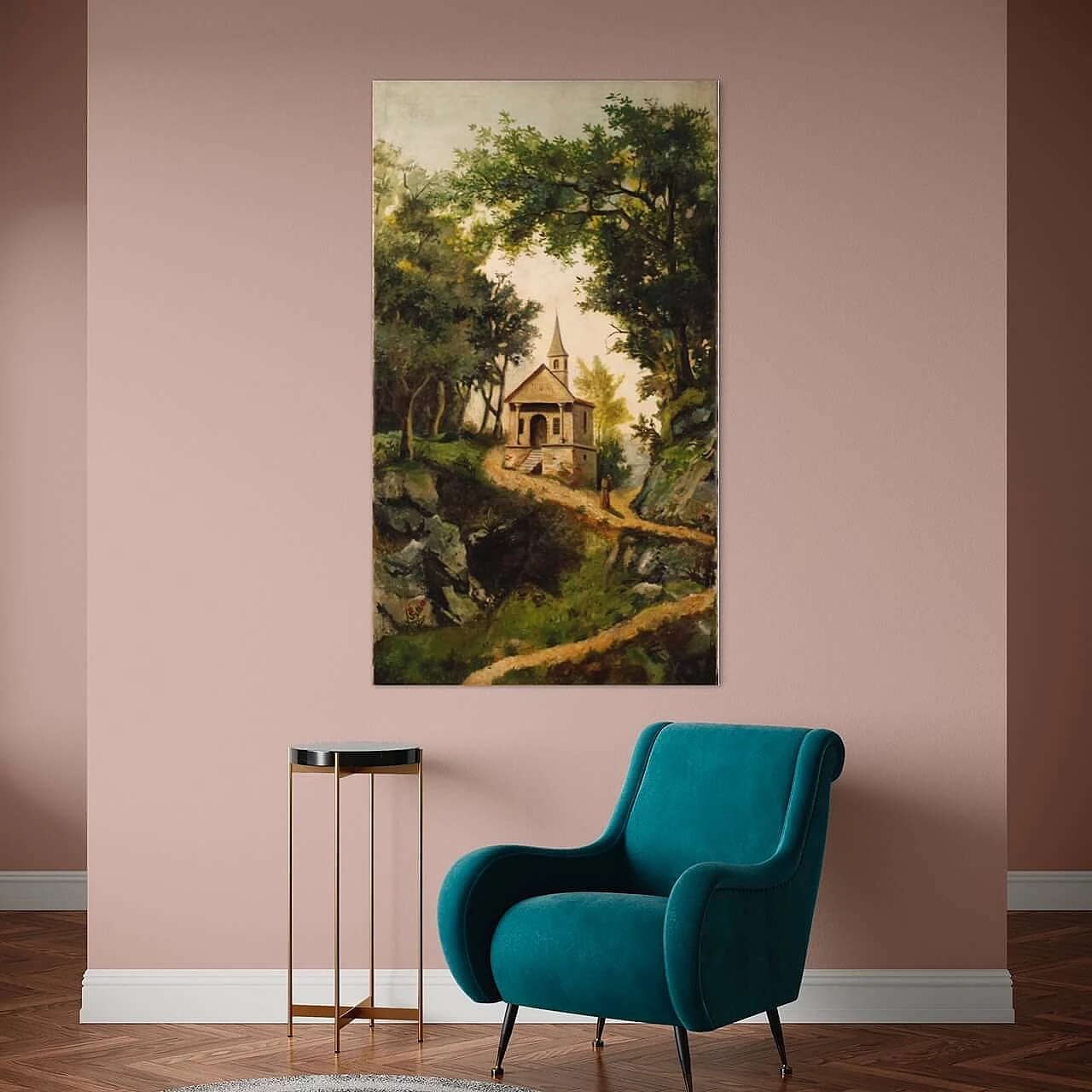 Landscape with church and friar, oil painting on canvas, second half of the 19th century 15