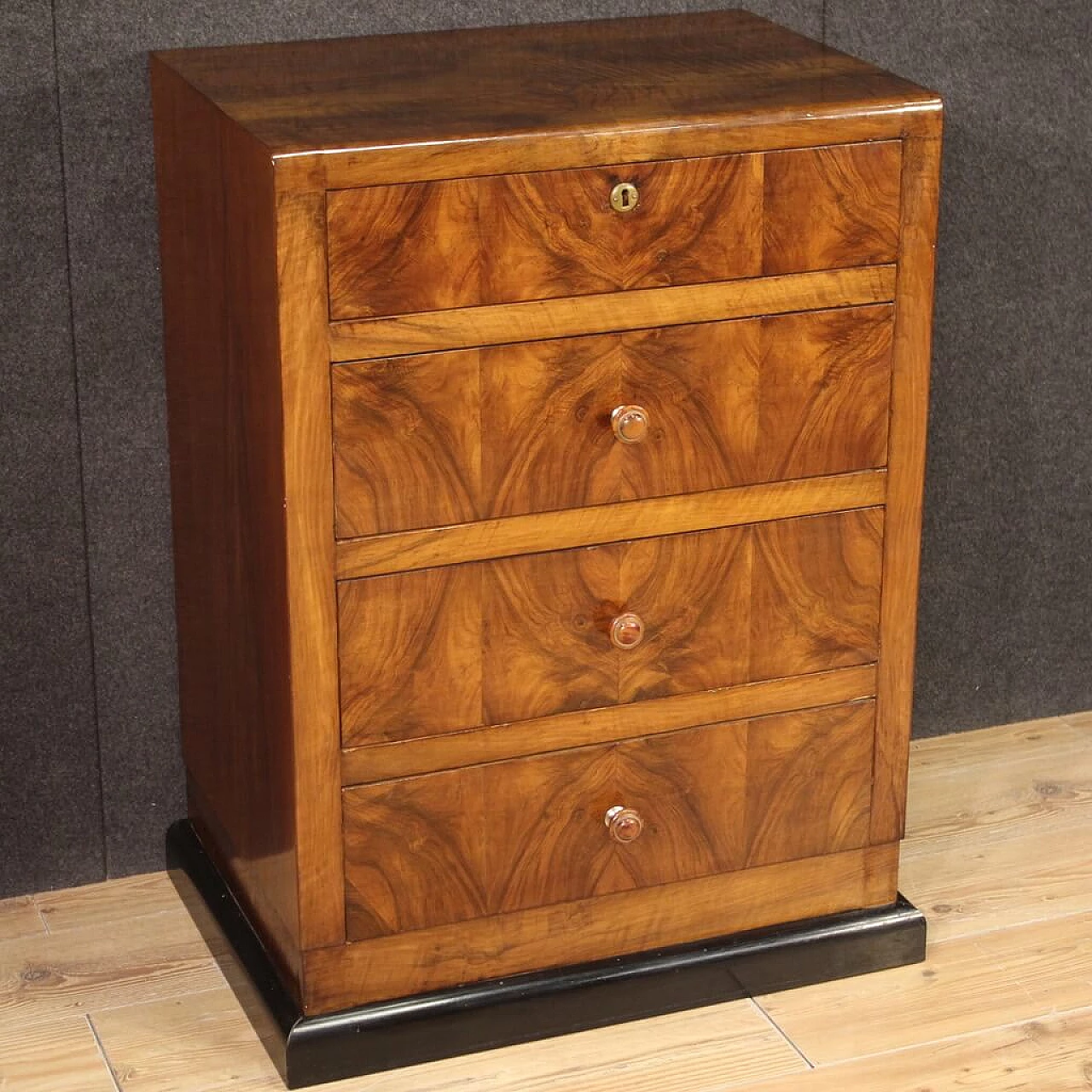 Art Deco walnut veneered and ebonized wood chest of drawers, 1960s 1
