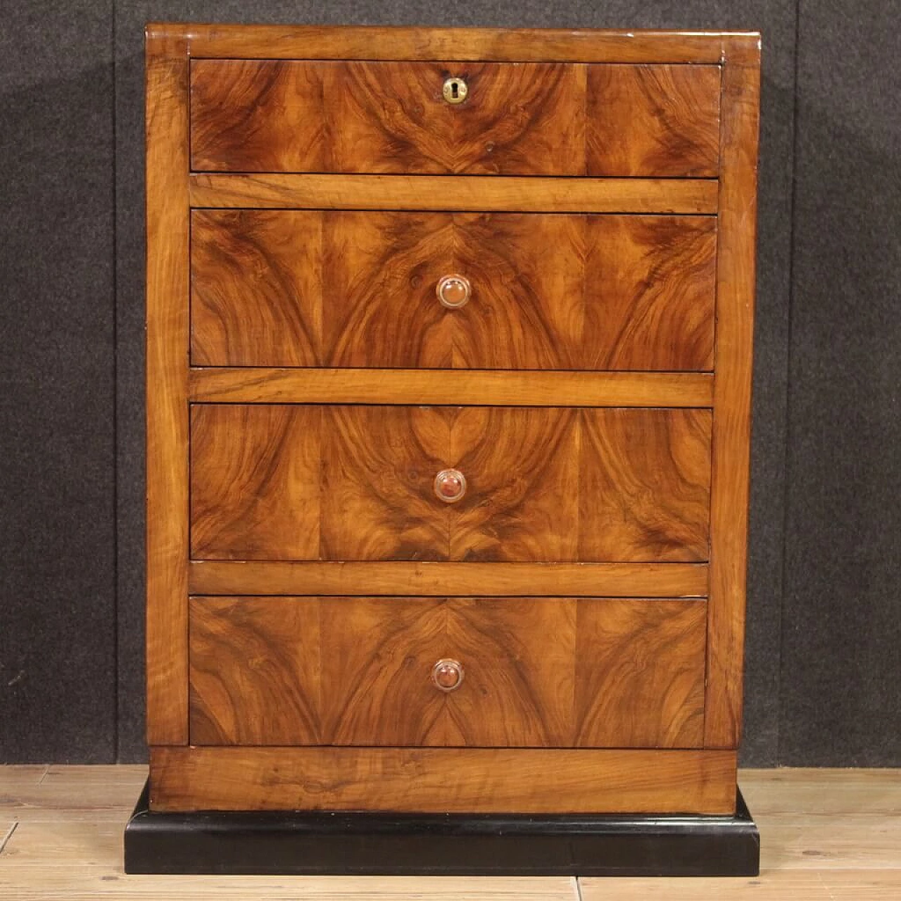 Art Deco walnut veneered and ebonized wood chest of drawers, 1960s 2
