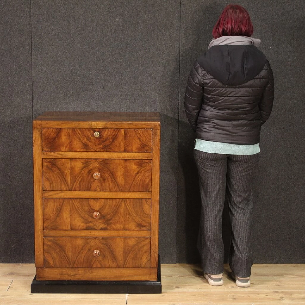 Art Deco walnut veneered and ebonized wood chest of drawers, 1960s 3