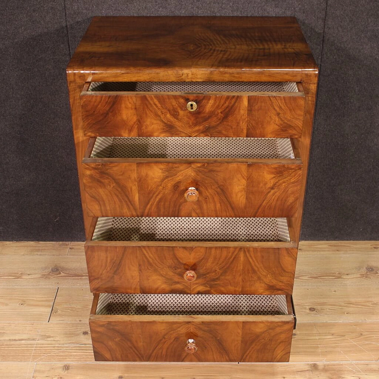 Art Deco walnut veneered and ebonized wood chest of drawers, 1960s 8