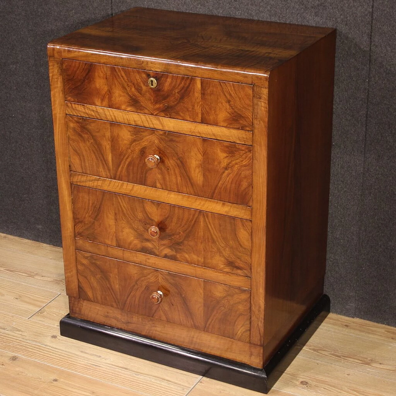 Art Deco walnut veneered and ebonized wood chest of drawers, 1960s 9