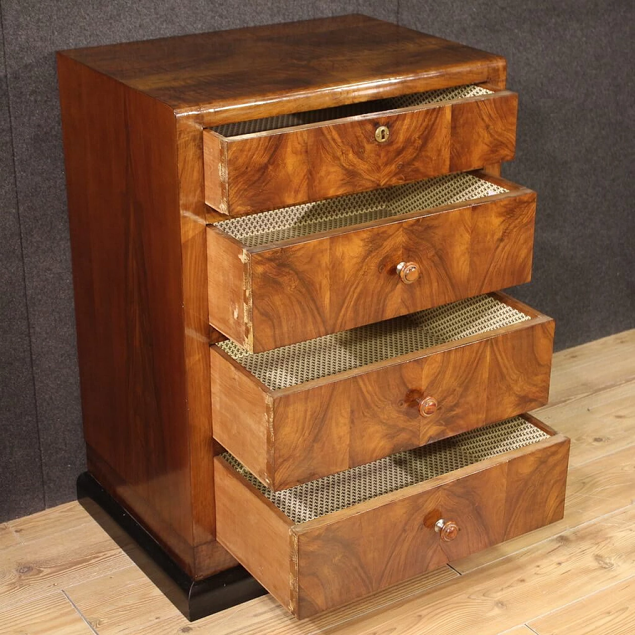 Art Deco walnut veneered and ebonized wood chest of drawers, 1960s 10