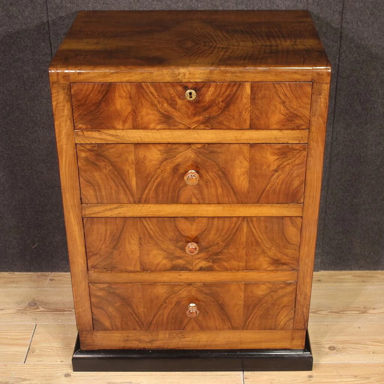 Art Deco walnut veneered and ebonized wood chest of drawers, 1960s 12