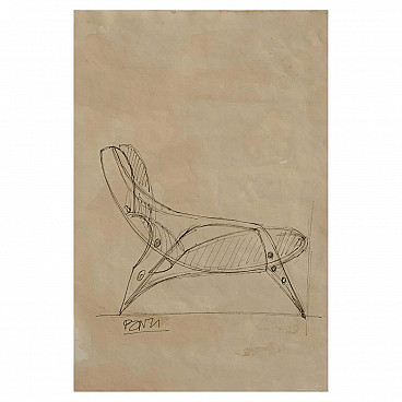 Gio Ponti, Prototype of armchair, drawing on paper for Knoll, 1960s