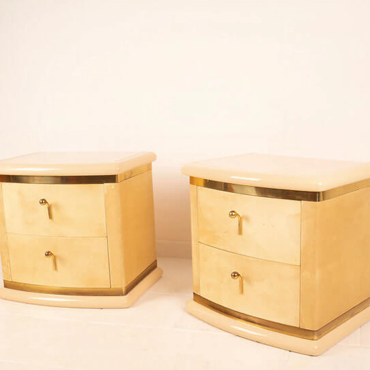 Pair of curved parchment bedside tables by Aldo Tura for Tura Milano, 1960s 2