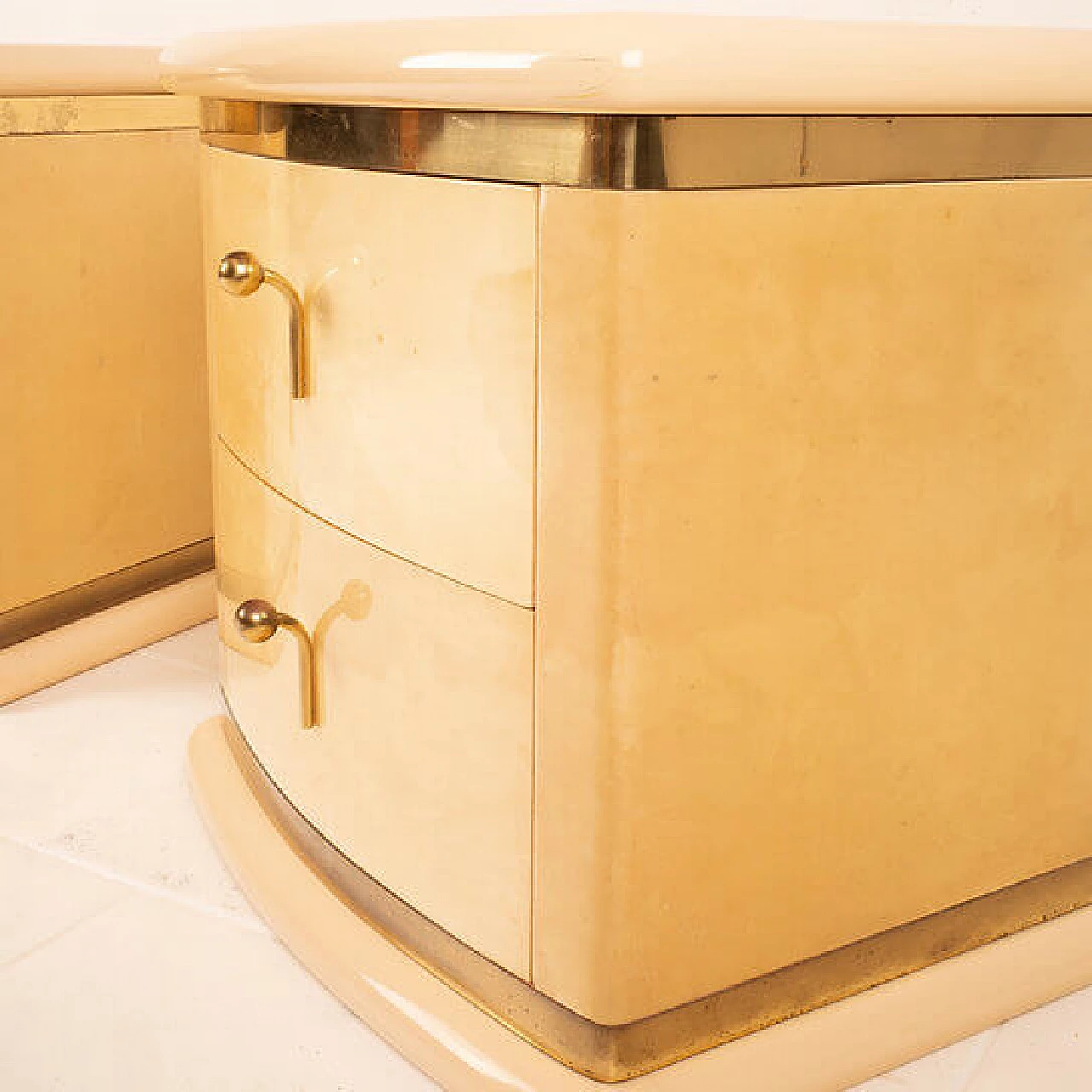 Pair of curved parchment bedside tables by Aldo Tura for Tura Milano, 1960s 6
