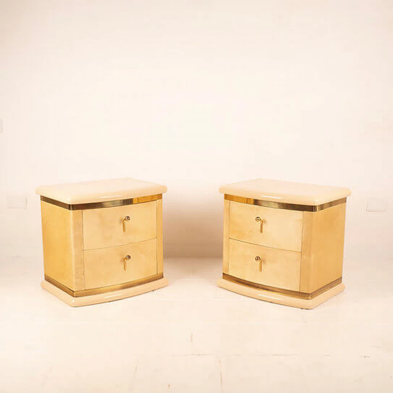Pair of curved parchment bedside tables by Aldo Tura for Tura Milano, 1960s 10