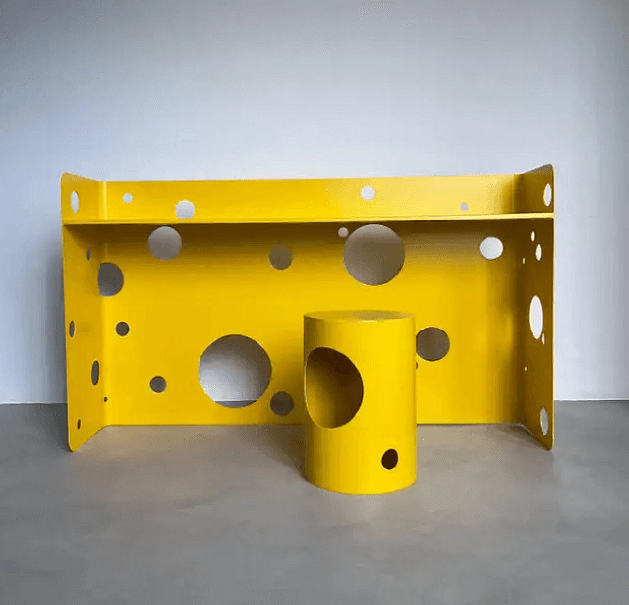 Bright yellow metal desk with stool, 2000s 3