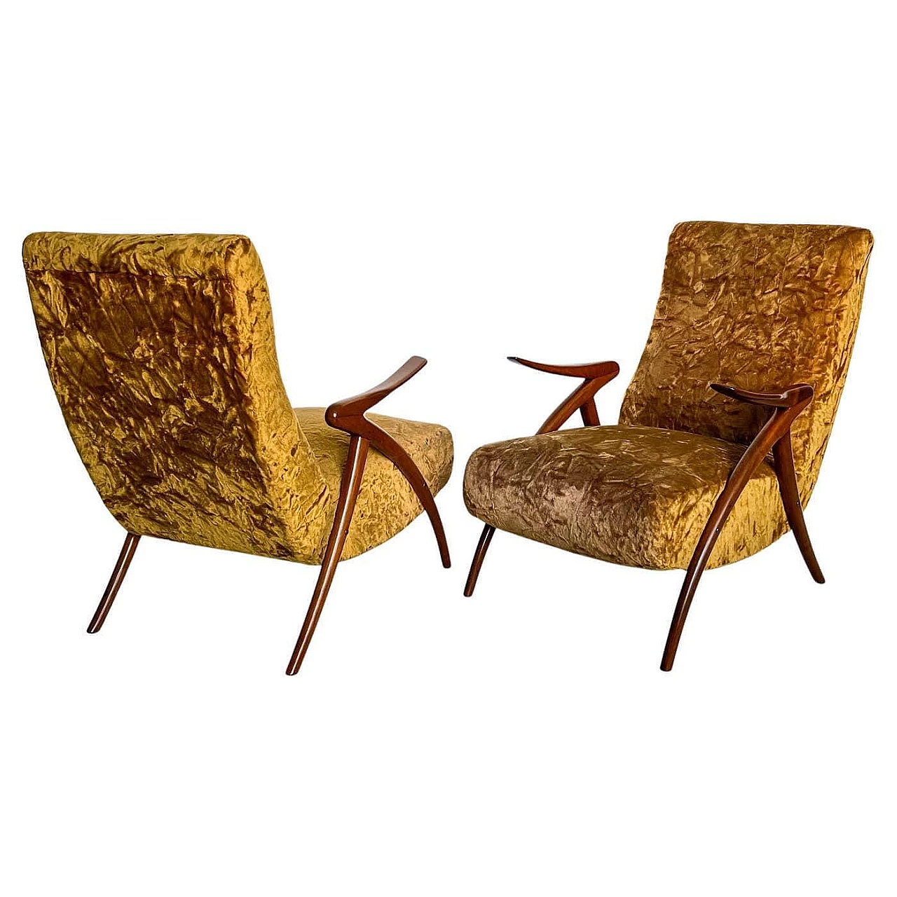 Pair of armchairs with wooden legs and yellow fur upholstery, 1950s 1