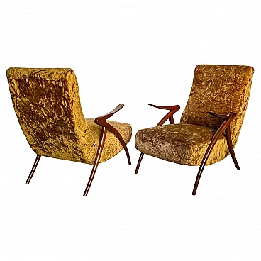 Pair of armchairs with wooden legs and yellow fur upholstery, 1950s