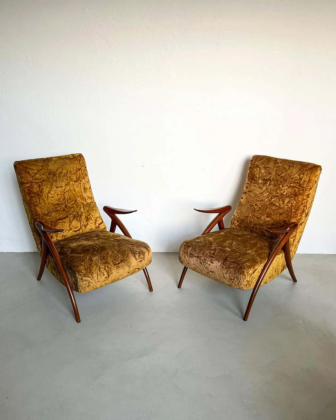 Pair of armchairs with wooden legs and yellow fur upholstery, 1950s 2