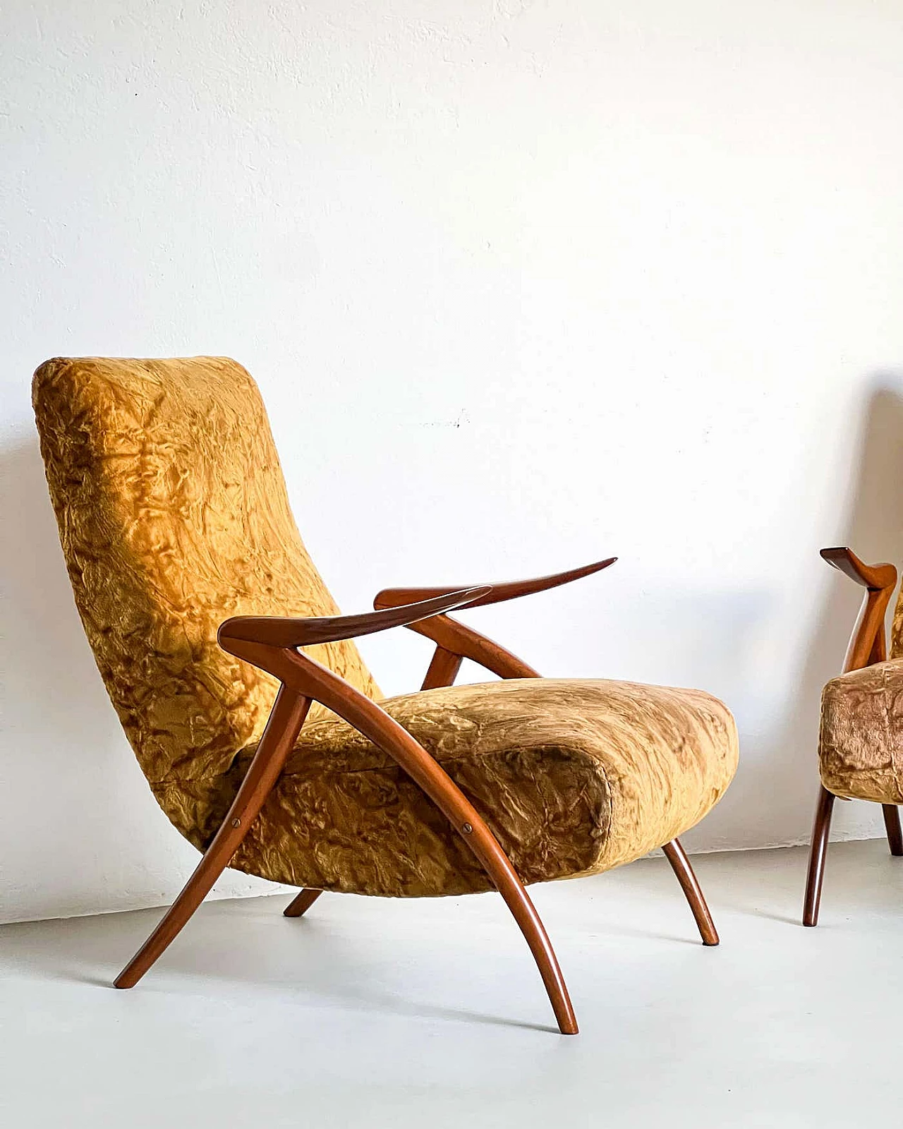 Pair of armchairs with wooden legs and yellow fur upholstery, 1950s 3