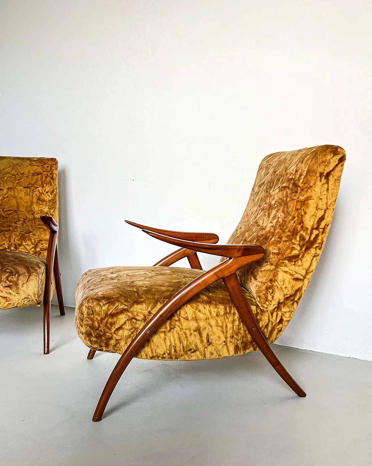 Pair of armchairs with wooden legs and yellow fur upholstery, 1950s 5